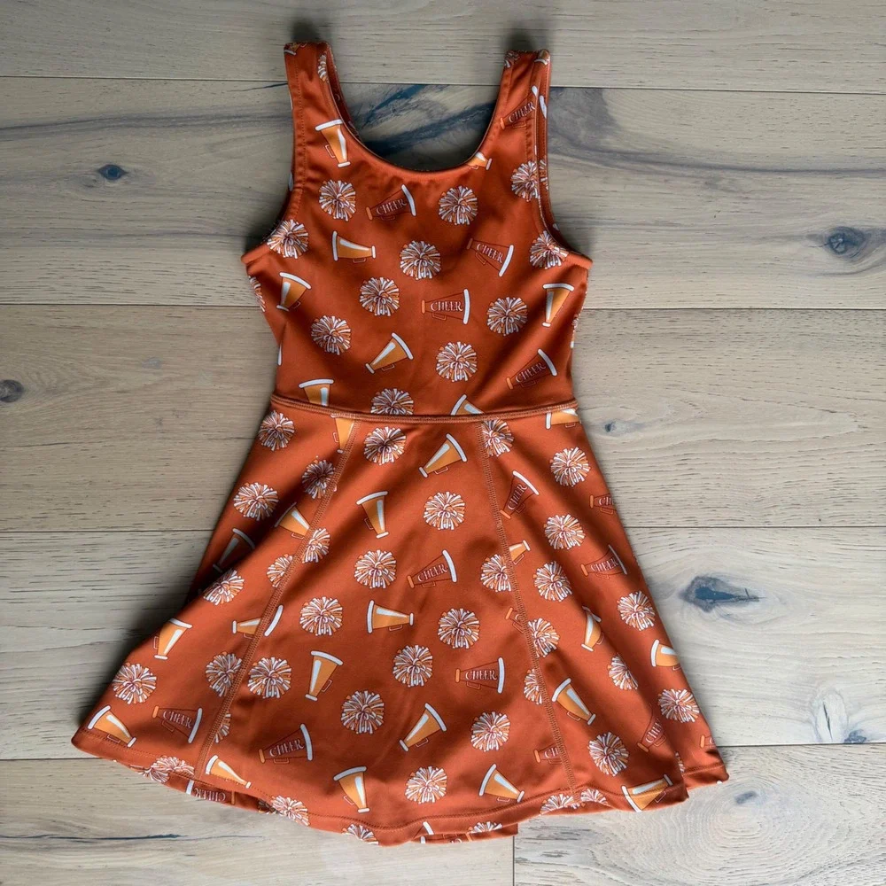 SweetHoney Kids Orange Cheer Print Active Dress with Built-in Shorts Size 8Y